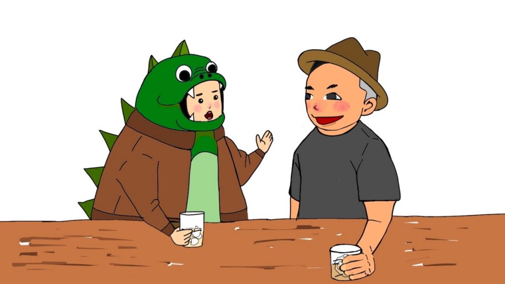 はちまきうずことtaichiがお酒を飲んで語らっている はちまきうずこイラスト