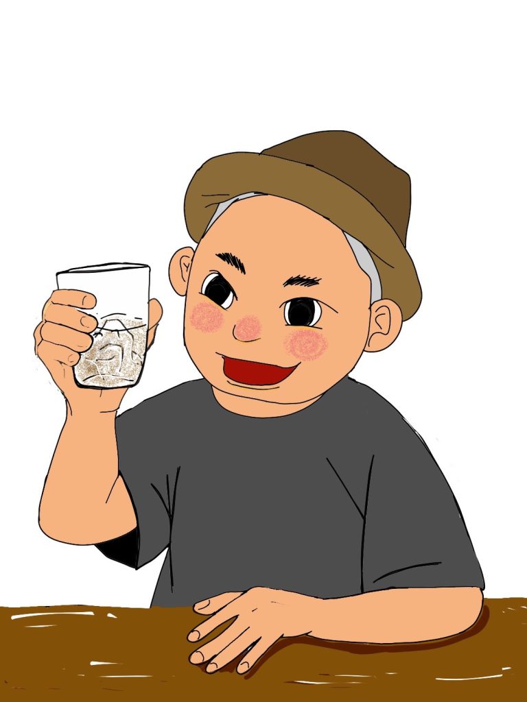 taichiのほろ酔い芝生話 お酒のグラスを持つtaichiさん まちまきうずこさんイラスト