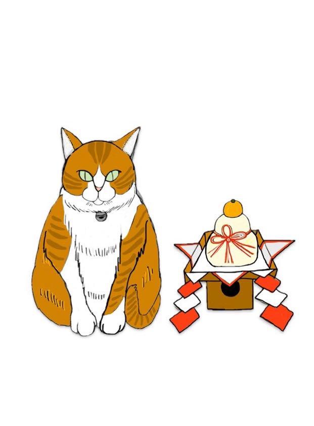 猫と鏡餅 はちまきうずこイラスト