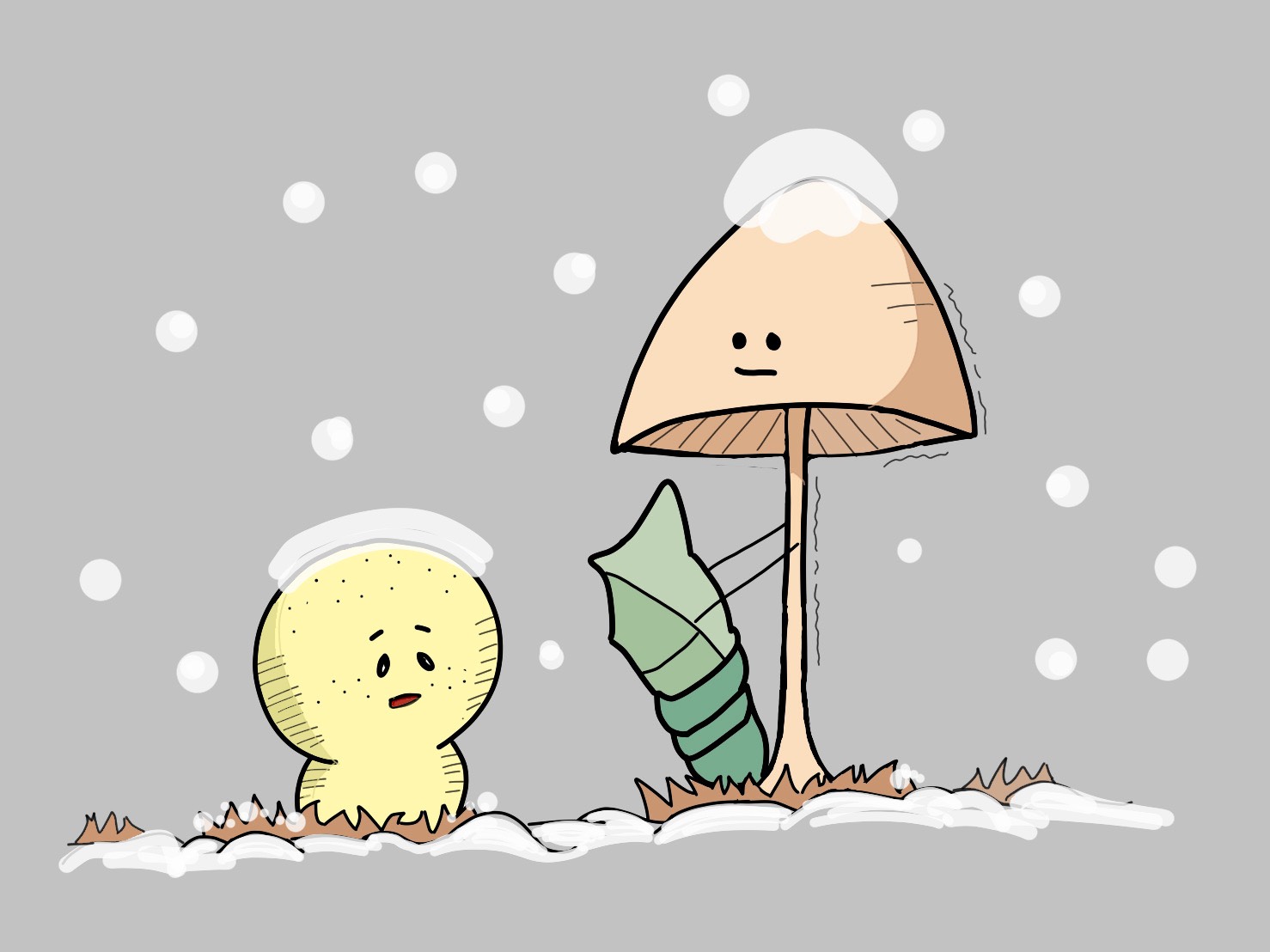 雪の中のチビホコリタケのホコリくんとキコカサダケのキコちゃんのいもむしさん